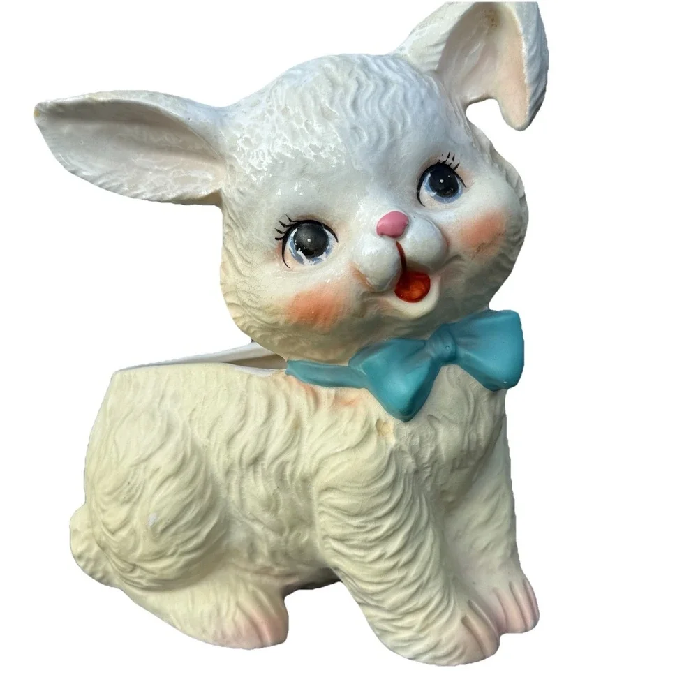 Vintage NAPCO Bunny Planter Storybook Rabbit Blue Bow Japan 1950s MCM